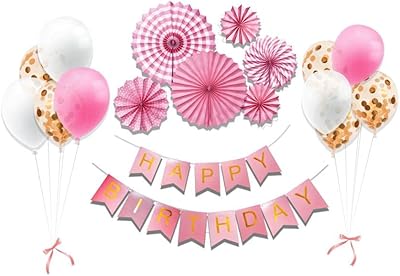 Ensemble de bannières et de ballons roses joyeux anniversaire, décorations de fête, éventails