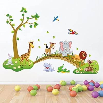 Oriti jungle animaux arbre stickers muraux lion girafe éléphant marchant sur le pont