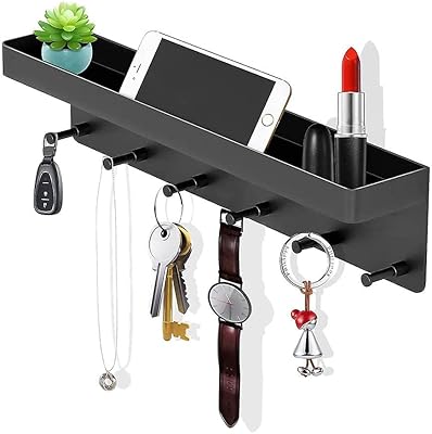 Porte-clés avec étagère, 6 crochets, organisateur de clés autocollant noir, décoration murale, organisateur