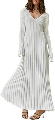 Robe longue en tricot côtelé pour femme, manches longues, col en v