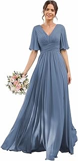 Robe de demoiselle d'honneur de mariage à manches flottantes et col en v