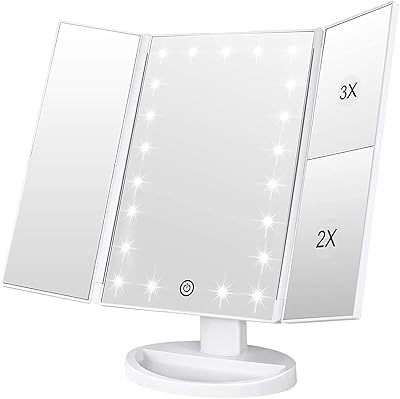 Miroir de maquillage lumineux, miroir de courtoisie pliable à trois volets avec grossissement