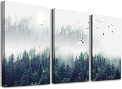 Toile murale pour salon – forêt brumeuse de pins à feuilles persistantes