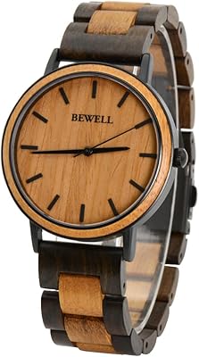 Bewell montre manuelle en bois pour hommes montre à quartz analogique mince