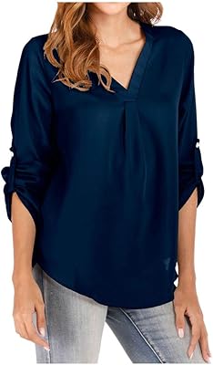 Chemisier à manches longues et col en v pour femme, couleur unie, chemisier à manches 3/4 pour femme, chemisier de travail de bureau. Diaytar : Parce que bien acheter, c'est économiser