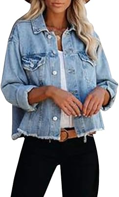 Veste en jean pour femme avec pompons, boutons et poches sur le dessus