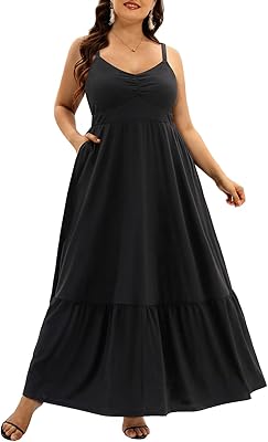 Robe longue d'été grande taille pour femmes avec ceinture à volants bretelles spaghetti