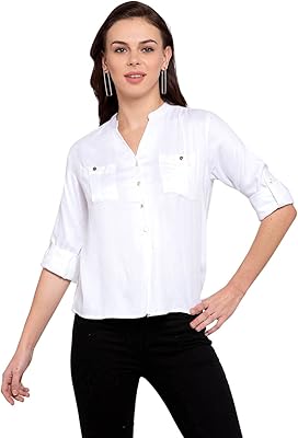 Chemise décontractée unie à motif carré pour femme, couleur blanche