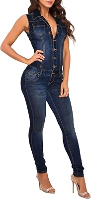 Combinaison en jean pour femme combishort complet boutonné coupe cintrée longue