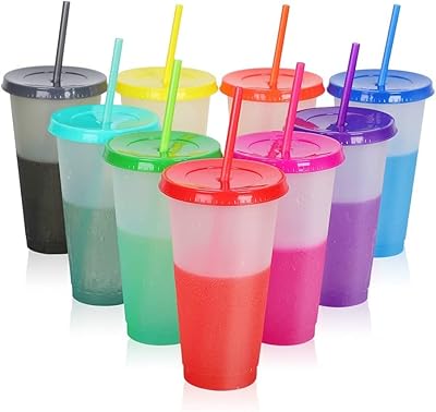 Gobelets en plastique réutilisables v2com avec couvercles et pailles - 9 pièces 24