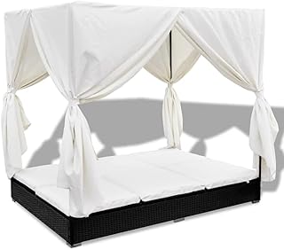 Lit de salon d'extérieur vedaxl avec rideaux en polyrotin noir pour jardin