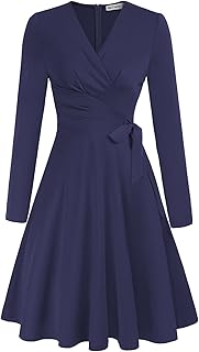 Robe de cocktail à volants et manches longues pour femme, col en v
