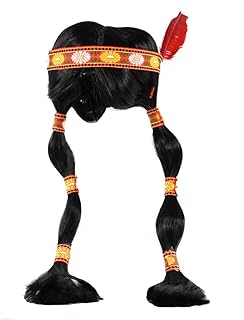 Perruque tressée de jeune fille amérindienne avec bandeau en plumes multicolore