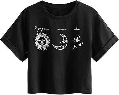 T-shirt à manches courtes imprimé lettres soleil et lune pour filles