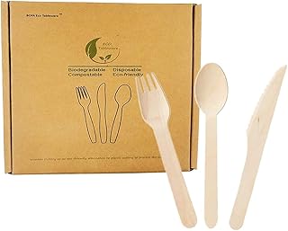 Ensemble de couverts jetables en bois écologiques de 50 couteaux 100 fourchettes