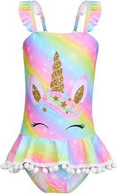 Maillot de bain une pièce fille motif licorne avec volants et pompons
