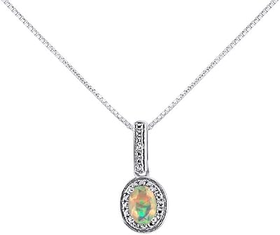 Collier pendentif diamant et opale africaine en or blanc 14 carats avec chaîne