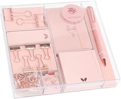 Ensemble de papeterie multi-baies or rose, stylo pense-bête, stylo plume, mini carnet, badge