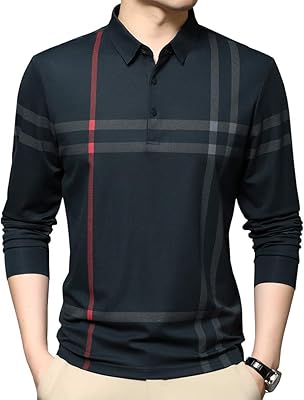 T-shirt polo décontracté à manches longues et col rayé pour hommes
