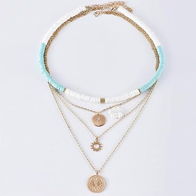 Collier de surfeur heishi blanc, collier superposé de fleurs d'été, collier helios