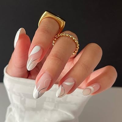 Faux ongles à pression tourbillonnants, ongles blancs à couverture complète en forme d'amande