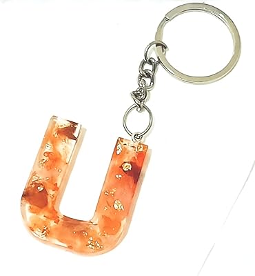 Porte-clés lettre u-alphabet en résine fait à la main paillettes-brillant-argent rempli orange