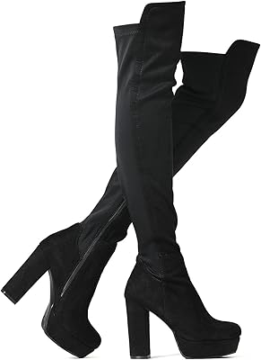 Bottes femme en simili cuir avec talon épais extensible au-dessus du genou, longueur