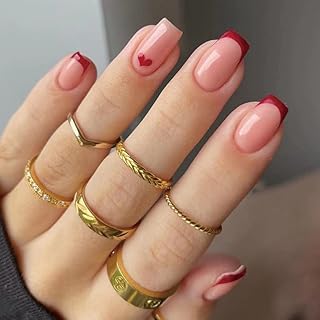 Faux ongles français carrés courts à presser, motif cœur rouge avec couverture complète