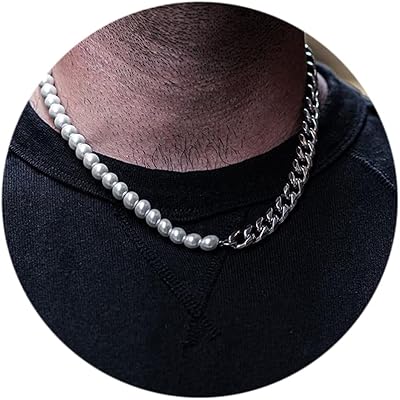 Collier de perles pour hommes, demi-chaîne, or 18 carats, maillon cubain en acier