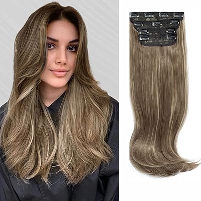 Extensions de cheveux synthétiques à clips, 4 pièces, marron avec reflets blonds, extensions