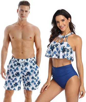 Maillot de bain assorti pour couples, taille haute, cocotiers bleus, plage, maillots
