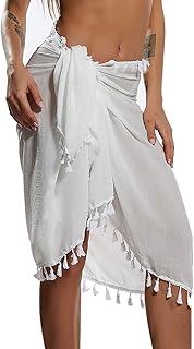 Maillot de bain semi-transparent paréo de plage pour femme, mini-jupe avec pompons (blanc)