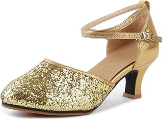 Chaussures de danse latine en cuir à paillettes pour femmes, bout pointu, talon