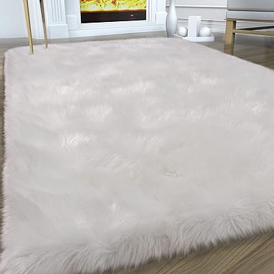 Tapis moelleux, tapis en fausse fourrure blanche pour chambre à coucher 3'x5', tapis
