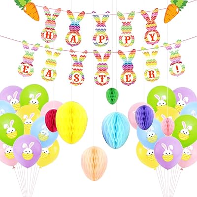 Ensemble de décoration de pâques 28 pièces, bannière de lapin de pâques colorée, ornements en nid d'abeille en forme d'œuf, ballons colorés imprimés de lapin, pour la décoration de célébration de pâques. Des produits variés pour tous les besoins sur Diaytar Sénégal