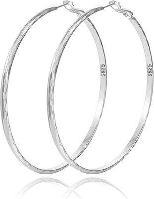 Boucles d'oreilles créoles en argent sterling 925 pour femmes avec motif diamant, grand