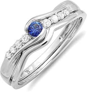 Ensemble d'alliances de fiançailles avec saphir bleu rond 14 carats et diamants blancs