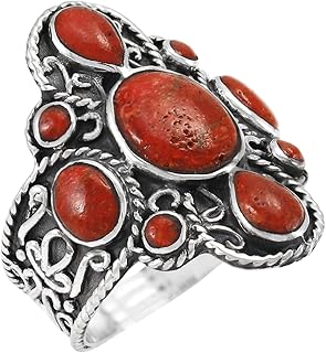Bague corail en argent sterling 925 avec pierres précieuses véritables de taille 6
