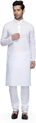 Ensemble pyjama long kurta en coton chikankari pour hommes avec manches longues