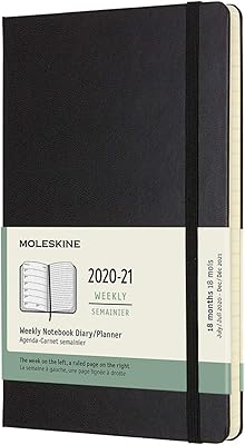 Agenda hebdomadaire moleskine, 18 mois 2020-2021, couverture rigide, taille l (5" x 8,25")