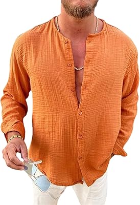 Chemise ample décontractée en coton et lin pour hommes, couleur unie, avec col