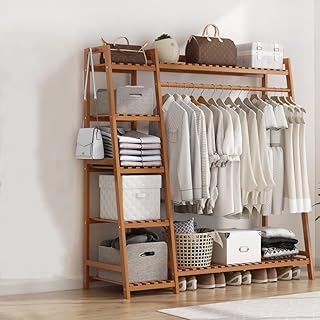 Portant à vêtements en bois avec étagères de rangement à 5 couches, portant