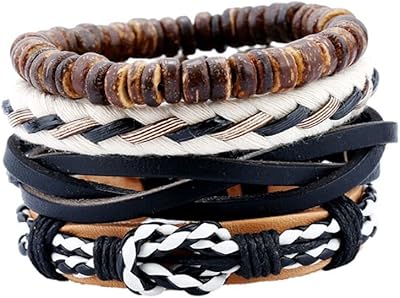 Ensemble de 4 bracelets en cuir tressé, taille unique, cuir, agate