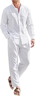 Ensemble deux pièces en lin pour homme, chemise boutonnée à manches longues