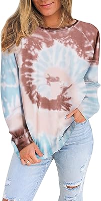 Sweat-shirt tie-dye pour femme à manches longues et col rond, chemise ample