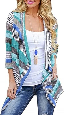 Bishuige cardigan kimono ample plissé à manches 3/4 pour femme, imprimé rayé, ouvert