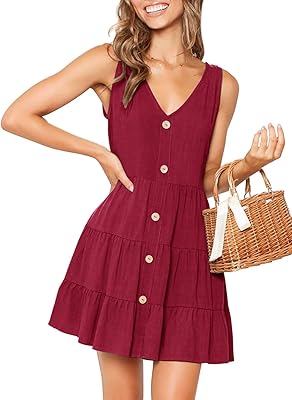 Robe décontractée pour femme, sans manches, col en v, bas boutonné, coupe trapèze