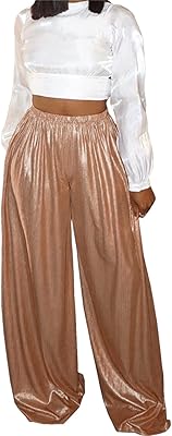 Pantalon décontracté ample avec poches brillantes et jambes larges pour femmes, taille haute