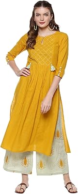 Ensemble kurta en coton coupe droite avec pantalon palazzo - ensemble kurta traditionnel pour femme, parfait pour les mariages et les événements festifs - manches 3/4, col rond, longueur mollet. Diaytar : Votre allié pouvoir d'achat au quotidien