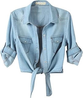 Chemise courte en denim chambray à manches 3/4 nouée sur le devant